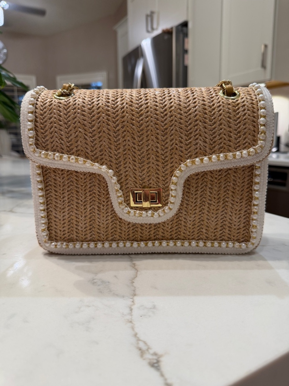 Straw Woven Pearl-Trim Shoulder Bag with dust bag